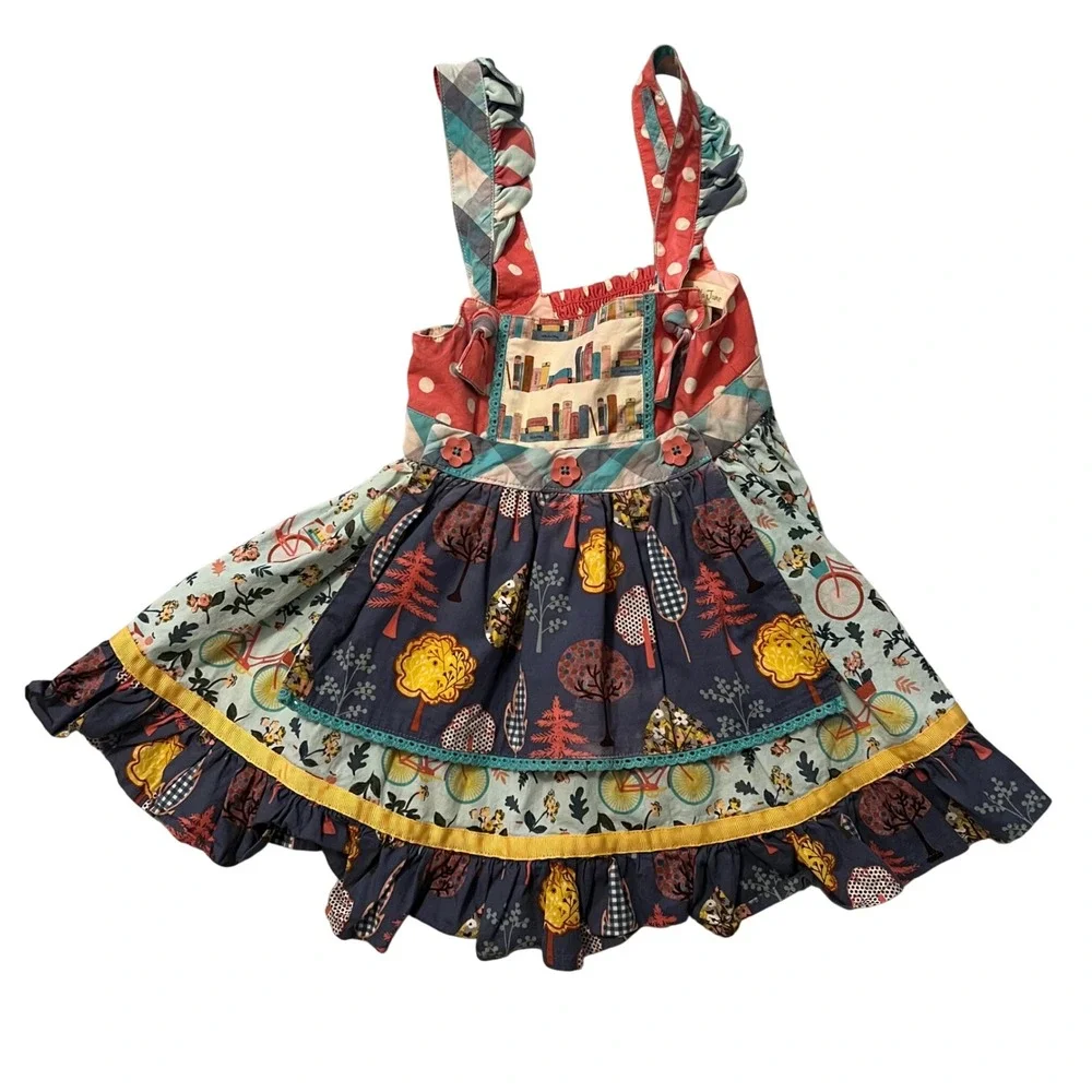 Matilda Jane Girls Knot Dress Size 2 Mixed Print Library Bicycle Ruffle Hem